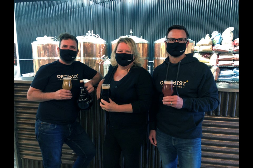 Optimist Brewery & Kitchen is now open at 1500 Regent Street. Pictured are: Brewer Michael Guillemette, part owners Stacey Cameron and John Arnold. (Heather Green-Oliver/Sudbury.com)