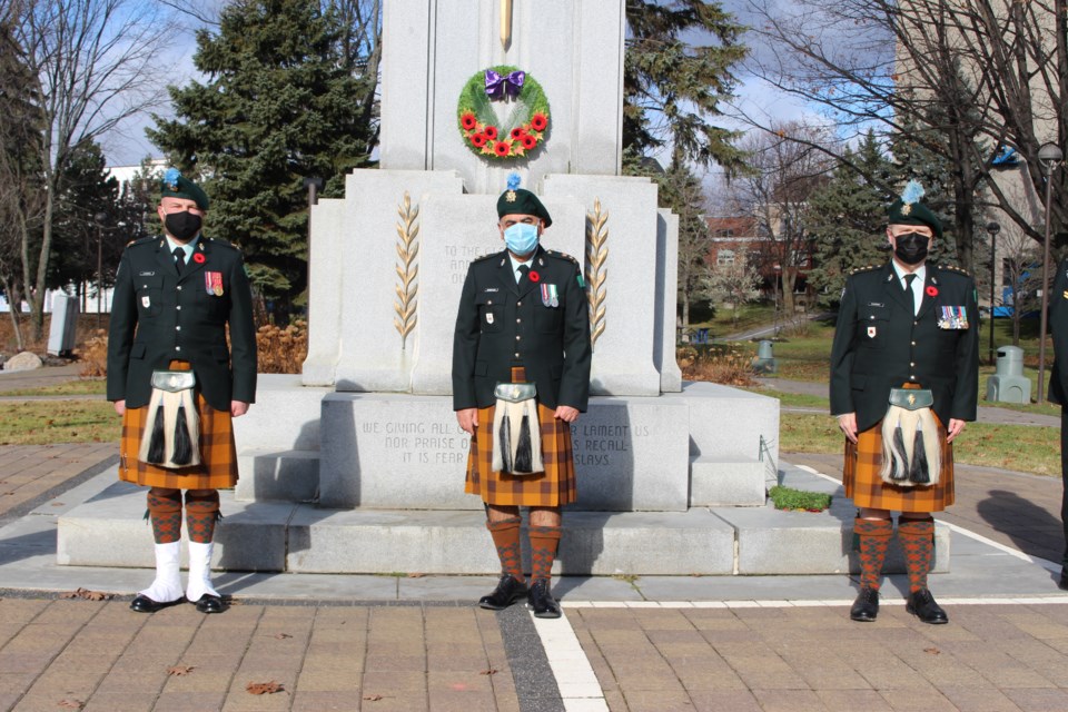 Members of the 2nd Battalion, Irish Regiment of Canada gathered in Memorial Park for a Remembrance Day ceremony on Nov. 11. Pictured are: Honorary Colonel Kevin McCormick (right), Honorary Lieutenant-Colonel Abbas Homayed (centre) and Major Kirk Langdon. (Heather Green-Oliver/Sudbury.com)

