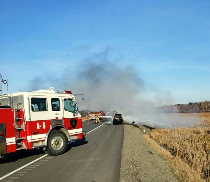 Members of Greater Sudbury Fire Services responded to a vehicle fire on Highway 17 east of Kantola Road on Friday afternoon. (OPP_NER/Twitter)