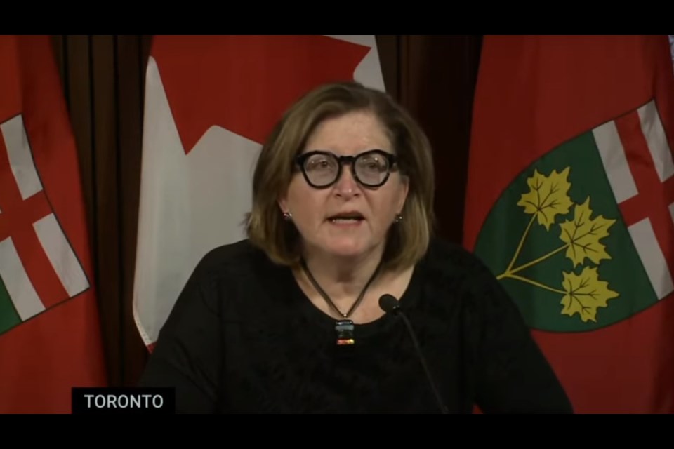 At Queen’s Park this morning, Dr. Barbara Yaffe (pictured), Ontario’s associate chief medical officer of health, and Dr. Adalsteinn Brown, the dean of the Dalla Lana School of Public Health at the University of Toronto and the co-chair of Ontario’s COVID-19 Science Advisory Table, present the latest modelling data concerning the possible impact of the COVID-19 pandemic in the coming weeks. (Screen capture)