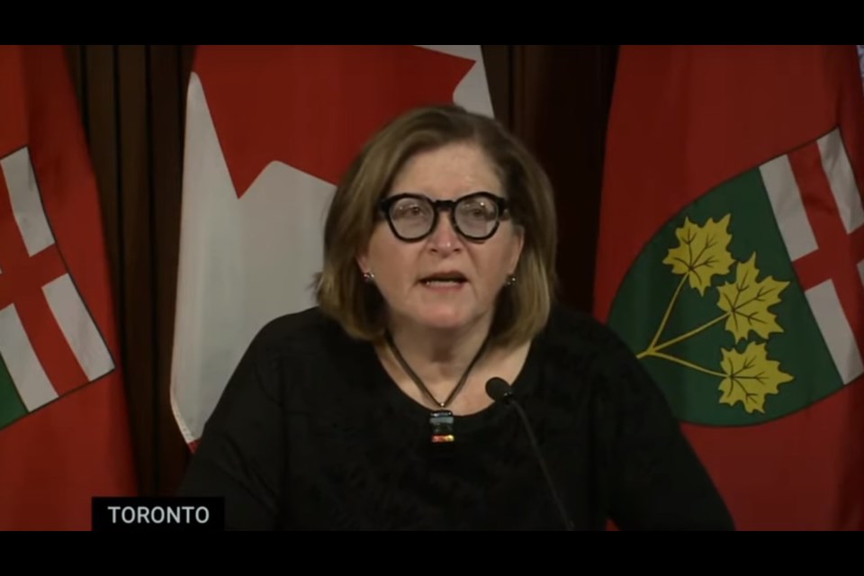 At Queen’s Park this morning, Dr. Barbara Yaffe (pictured), Ontario’s associate chief medical officer of health, and Dr. Adalsteinn Brown, the dean of the Dalla Lana School of Public Health at the University of Toronto and the co-chair of Ontario’s COVID-19 Science Advisory Table, present the latest modelling data concerning the possible impact of the COVID-19 pandemic in the coming weeks. (Screen capture)