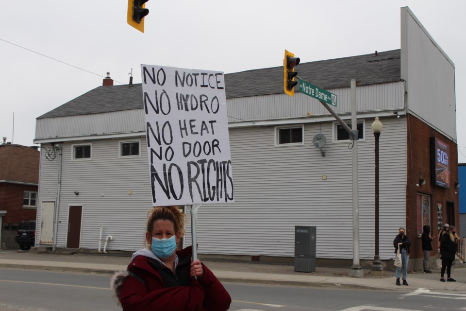 A group of roughly 20 Sudburians gathered at the corner of Notre Dame Avenue and King Street Saturday morning to protest what they deem illegal evictions by the landlord of a rooming house. (Matt Durnan/Sudbury.com)