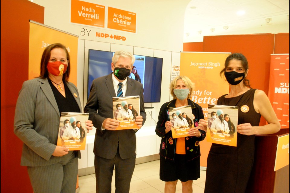 Northern Ontario NDP candidates are seen with copies of their “A better future for Northern Ontario” plan, which they launched at the Sudbury/Nickel Belt campaign office in Sudbury. From left is Andréane Chénier (Nickel Belt), Charlie Angus (Timmins—James Bay), Carol Hughes (Algoma—Manitoulin—Kapuskasing) and Nadia Verrelli (Sudbury).    