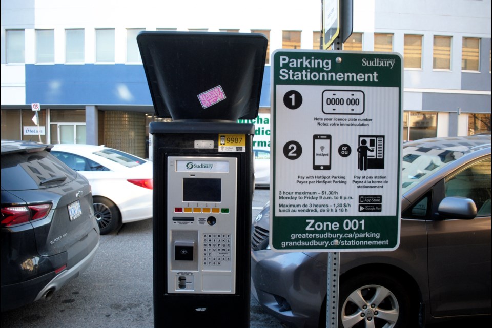 One of the city’s parking stations is seen in downtown Greater Sudbury. Although the sign indicates that parking becomes free at 6 p.m. during weekdays, it will soon if not already become free beginning at 5 p.m.