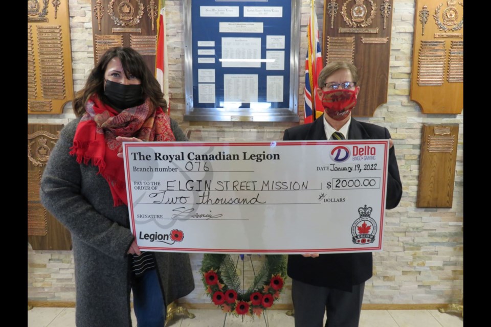 Accepting the cheque from Branch 76 treasurer Adrienne Lemieux is Rev. Amanda Robichaud, executive director of the Elgin Street Mission.  
