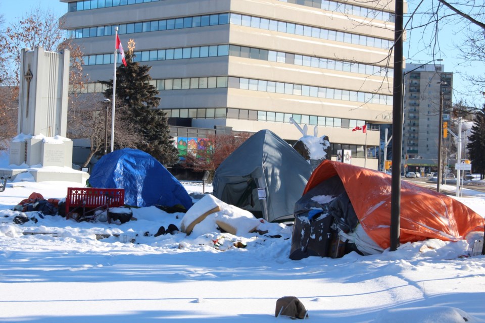 The homeless encampment in Memorial Park in downtown Sudbury is seen here Jan. 14, 2022.