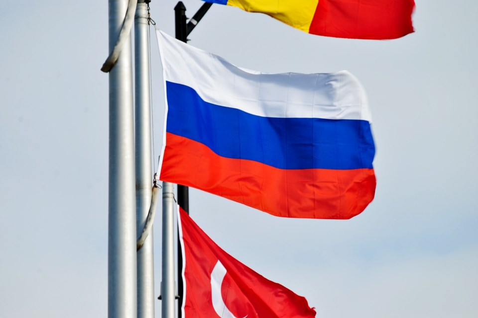 The Russian flag is seen flying on the Bridge of Nations on Paris Street in Greater Sudbury this week.