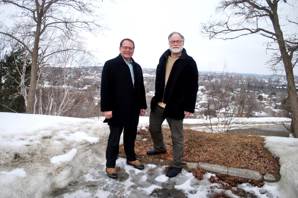 Green Party of Ontario Leader Mike Schreiner joins Sudbury candidate David Robinson for a photo opportunity organized by the party overlooking the city next to the Belrock Masonic Centre on Wednesday. 