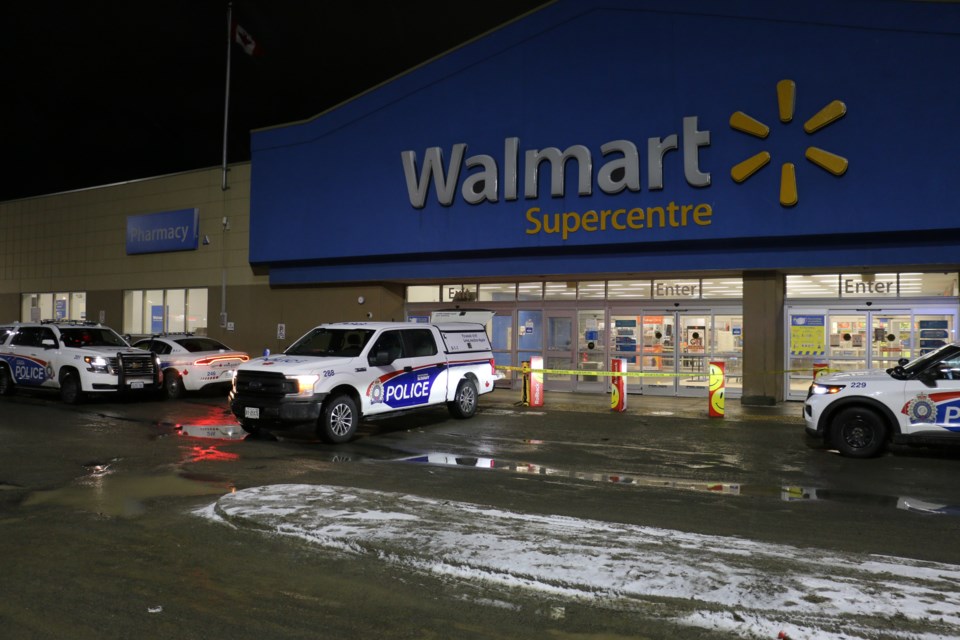 Police cruisers are seen at Sudbury’s Walmart on Lasalle Boulevard at approximately 11 p.m. on March 31 to investigate a firearms incident in which they report a 20-year-old man was shot.