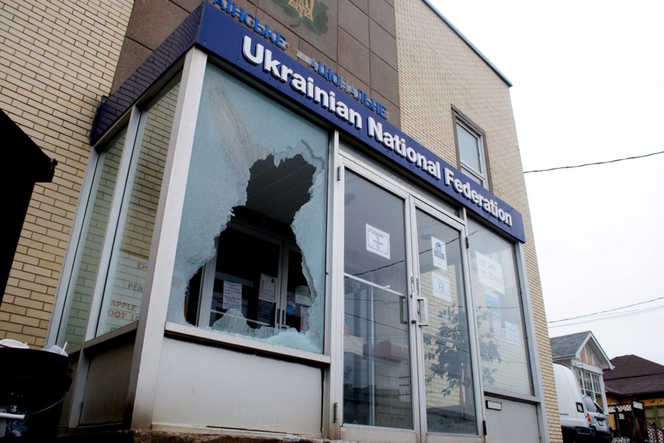 The Ukrainian National Federation building on Frood Road is seen this morning with its window smashed. This is being investigated by city police as a “hate-bias incident.” 
