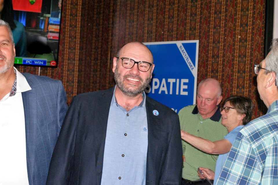 Sudbury Progressive Conservative candidate Marc Despatie welcomes supporters at Eddie’s Restaurant tonight. 