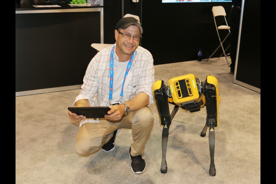 Matt MacKinnon, owner of Unmanned Aerial Service Inc. in Sudbury was at the Prospectors and Developers Association of Canada (PDAC) convention in Toronto where he gave demonstrations of Spot the robot dog. 