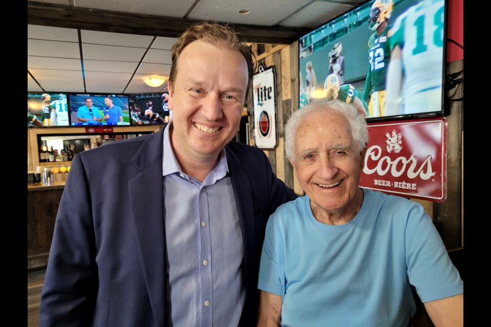 Greater Sudbury mayoral candidate Paul Lefebvre is seen with past mayor and Member of the Order of Canada Jim Gordon, who endorsed him during Lefebvre’s campaign launch at First Round Sports Bar and Restaurant in Val Caron earlier today.