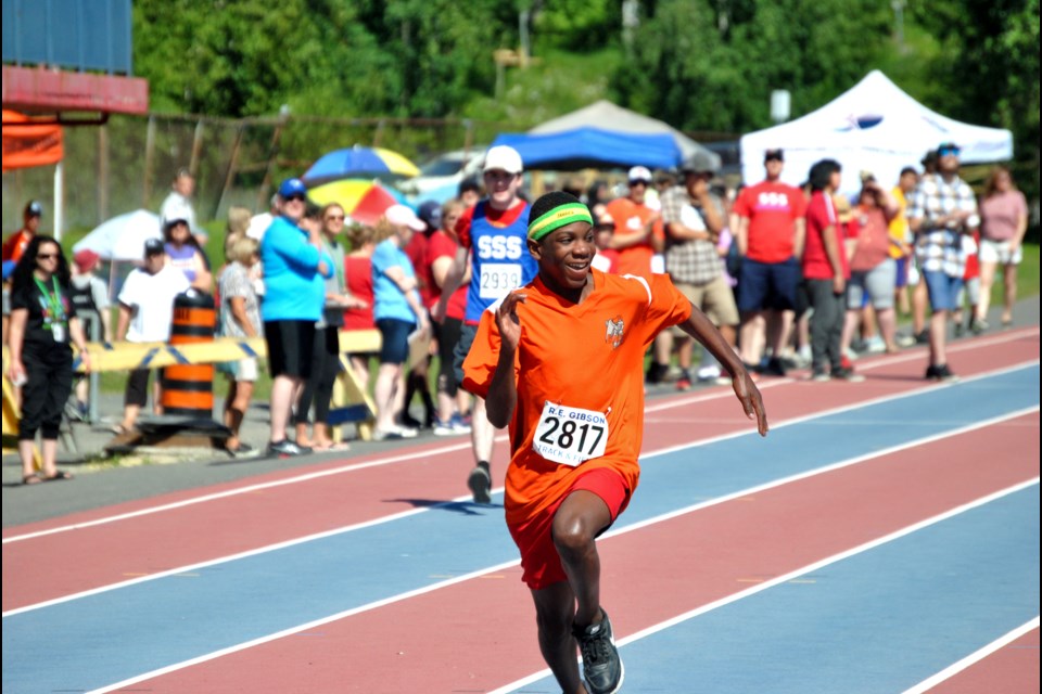 Lasalle Secondary School student Dante Ricketts, 13, participates in a race during the Rainbow District School Board Challenge Meet on Thursday at Laurentian University.                                 