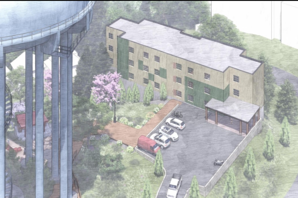 A conceptual drawing of the affordable housing complex to be built east of the Sudbury water tower at the top of Pearl Street.
