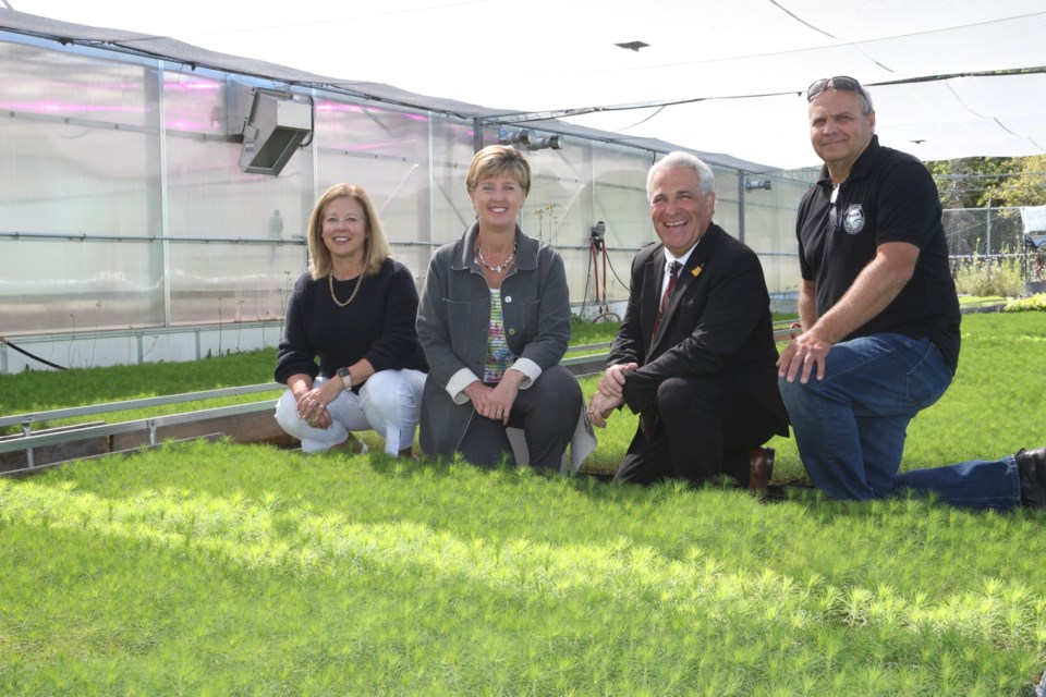 Sudbury Liberal MP Viviane Lapointe, Agriculture and Agri-Food Minister Marie-Claude Bibeau, Nickel Belt Liberal MP Marc Serré and Northern Ontario Farm Innovation Alliance president Yves Gauthier pose for a photo at the at the Collège Boréal greenhouses following today’s funding announcement. 