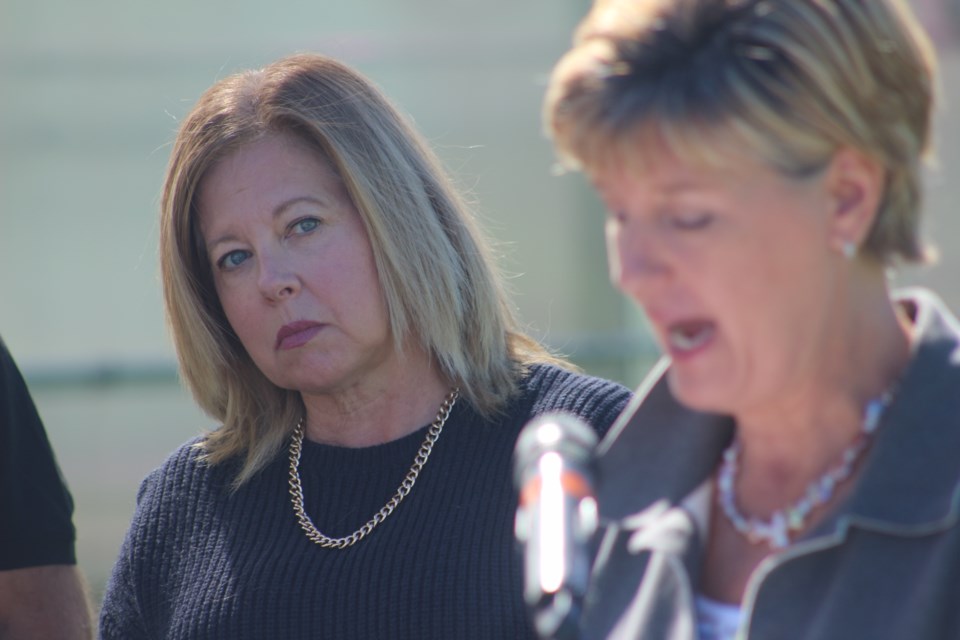 Sudbury Liberal MP Viviane Lapointe listens as Agriculture and Agri-Food Minister Marie-Claude Bibeau delivers a speech at the Collège Boréal greenhouses in Sudbury on Aug. 12.