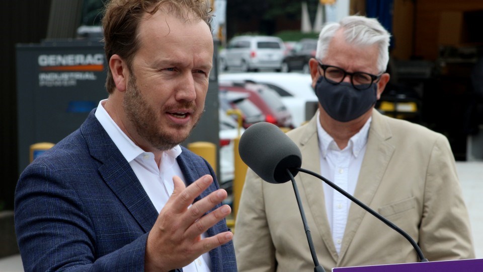 Then-Sudbury Liberal MP Paul Lefebvre speaks at a press conference on July 20, 2021, during which $7.4-million in federal funding was announced for a transitional housing complex.