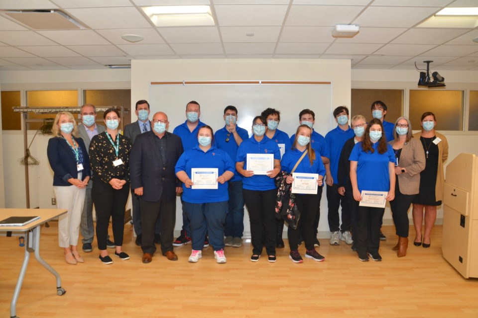 Certificates of Internship were presented to the first group of Project SEARCH HSN participants during the launch at Health Sciences North on August 30. Participating were, back row, from left, Dominic Giroux, President and CEO of Health Sciences North; Bruce Bourget, Director of Education for Rainbow District School Board; students Devan Boucher, Joshua Depatie, Hannah Sirkka, Ashton Menard-MacDonald and Seth Dumais-Armitage; Erin Riehle, Founder and Co-Director of Project Search Cincinnati; student Dekken Pitawanakwat; Jennifer Witty, Vice-President, People Relations and Corporate Affairs for Health Sciences North; and Colleen McDonald, Principal of Special Education Programs and Services for Rainbow District School Board; and front row, from left, Jennifer Way, Vocational Rehabilitation Team Lead and Emma-Rose Larcher, Job Skills Trainer for March of Dimes Canada; Brian Bigger, Mayor of the City of Greater Sudbury; and students Maija Neva, Holly Bishop, Lily Taylor and Brianna Moxam.