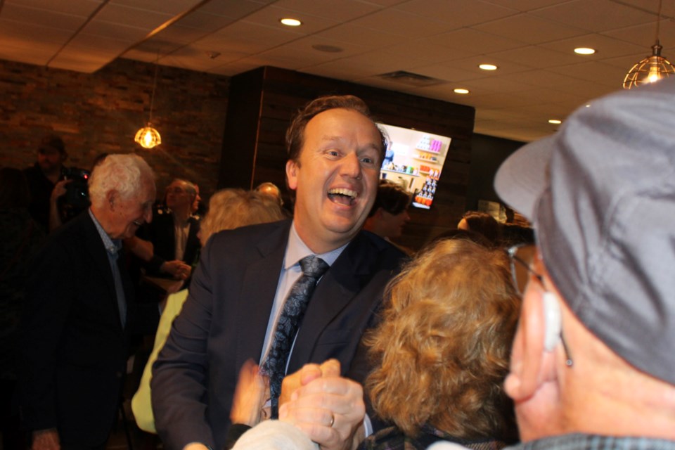 Mayor-elected Paul Lefebvre is seen cheering with supporters at The Daventry Kitchen and Bar on Regent Street shortly after results began rolling in showing him in a decisive lead.