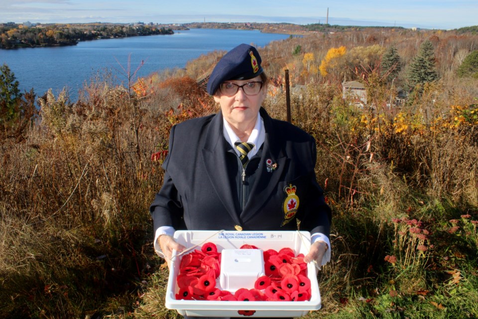 Royal Canadian Legion Branch 76 poppy campaign chair Bernadette Lamirande is seen with one of the poppy baskets being distributed throughout the area leading up to Remembrance Day on Nov. 11. 