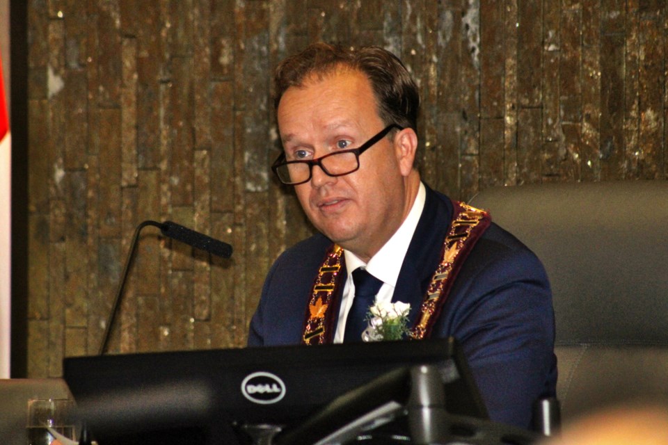 Mayor Paul Lefebvre delivers his inaugural address during Thursday night’s inaugural ceremony at Tom Davies Square, at which the city council members elected on Oct. 24 were sworn in.
