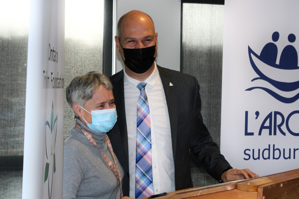 L’Arch Sudbury resident Kitty Kehoe is seen joking around with Sudbury NDP MPP Jamie West during a funding announcement at the Northern Water Sports Centre on Friday.


