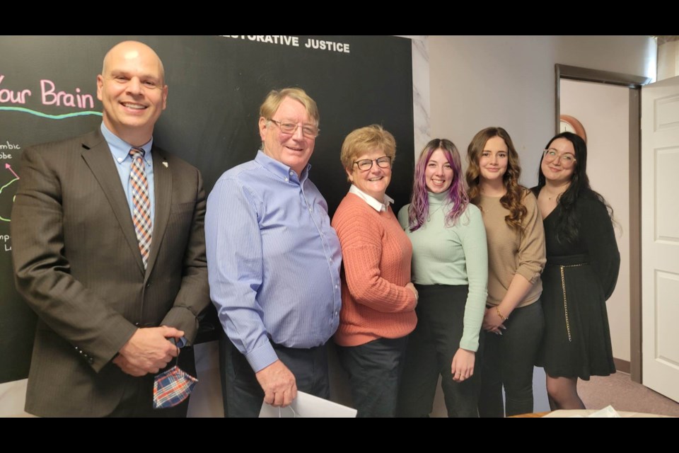 Staff at Sudbury District Restorative Justice made a presentation to MPP Jamie West and OTF representative, Myles MacLeod. From left to right: Jamie West, Myles MacLeod, Jackie Balleny, Celine Rancourt, Pina Catalano and MJ Curley of SDRJ.