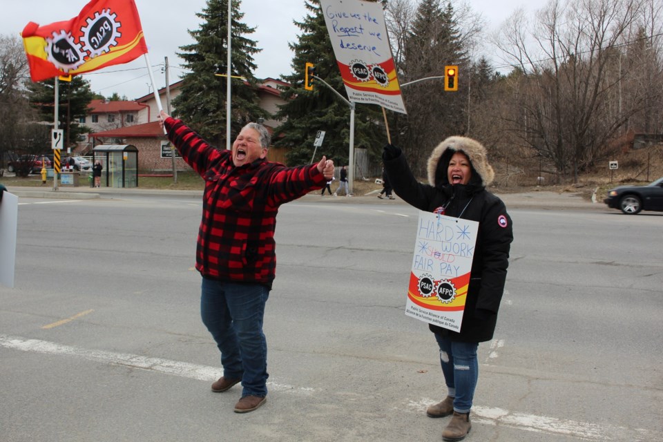 Federal workers on the picket lines in Sudbury April 19.