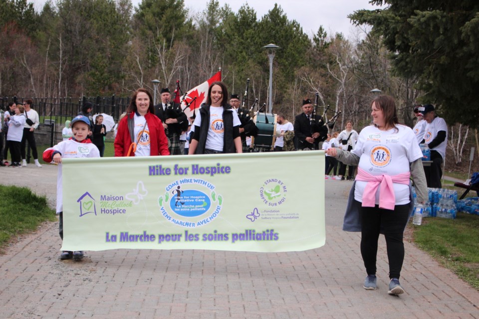 Participants in Sudbury Credit Union Hike for Hospice start their walk in Bell Park May 7, 2023.