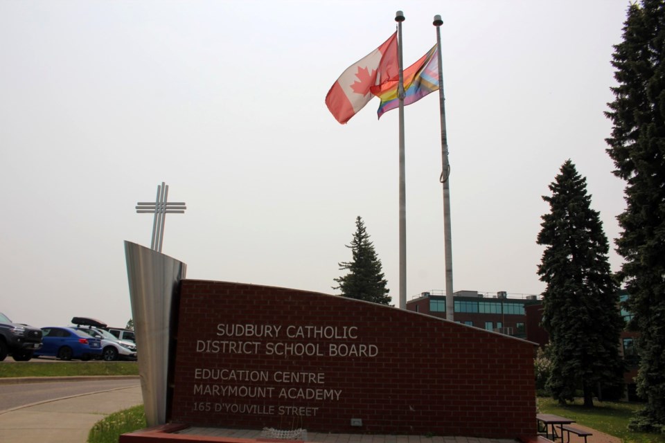 The Sudbury Catholic District School Board flies the Pride flag outside of its main board office June 5, 2023.
