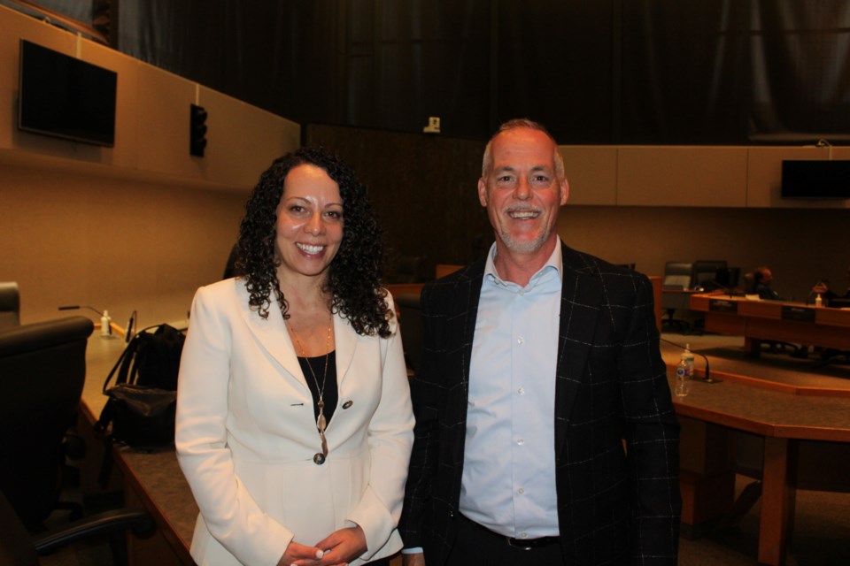 Giovanna Verrilli, CEO of the Greater Sudbury Airport Authority, and Dave Paquette, chair of the Sudbury Airport Community Development Corporation's board, are seen during the June 27 annual general meeting at Tom Davies Square.