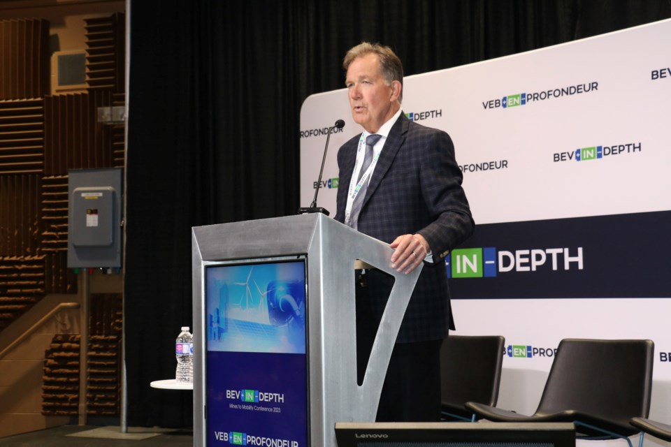 Ontario Mines Minister George Pirie spoke at the Sudbury BEV-In-Depth conference Wedesday. 