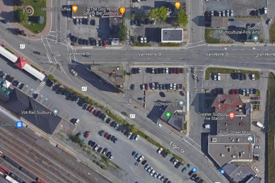 A bird’s eye view of the parcel of downtown Sudbury land the City of Greater is in the process of purchasing. The land they will own is the triangle at centre, encircled by Van Horne Street, Shaughnessy Street and Elgin Street. 