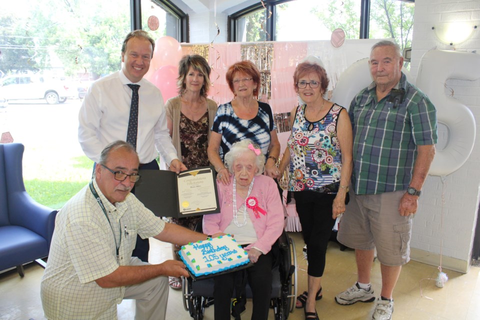 Well-wishers are pictured with Bernice Adkins, centre, during her 105th birthday at Extendicare Falconbridge earlier this week. From left is Ward 11 Coun. Bill Leduc, Mayor Paul Lefebvre, Jennifer Etmanski (Adkins’ granddaughter), Dolly Dagenais (Adkins’ daughter), Nancy Vaudry (Adkins’ daughter) and Barry Vaudry (Adkins’ son-in-law).