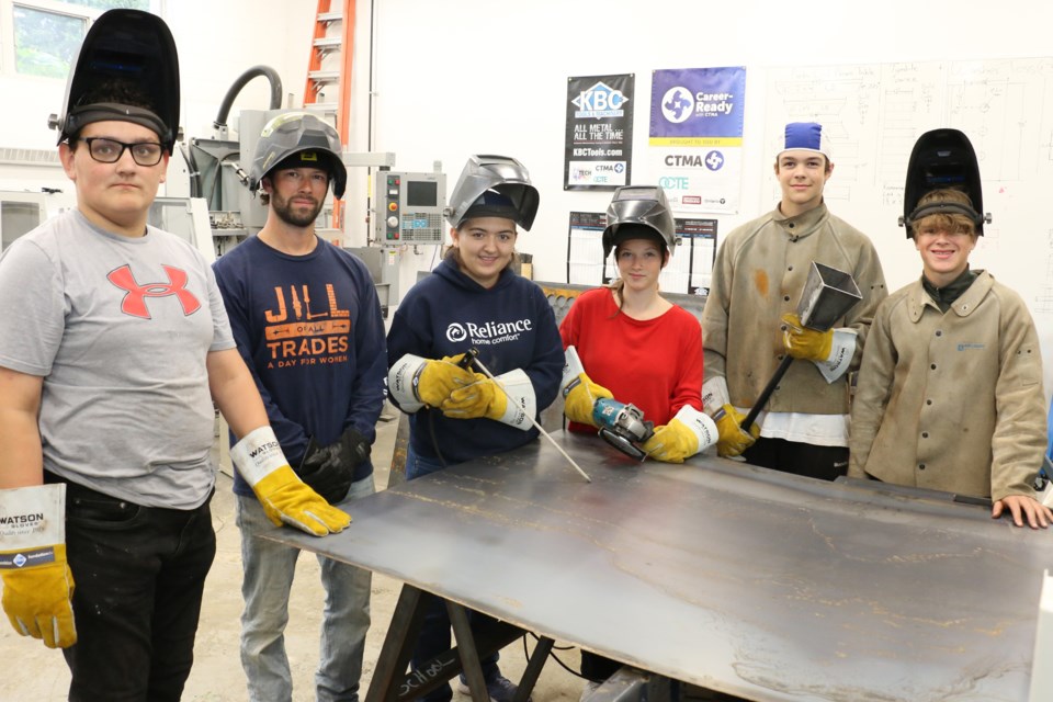 Sudbury students were part of a week-long welding camp at Lasalle Secondary School where they were introduced to the art and science of that trade. Some of those taking part included, from left, Hunter Zambelli, teacher Alex Benoit, Faith Barbara Desrosier, Avi Dodd-Taylor, Bryce Broglio and Cameron Young.