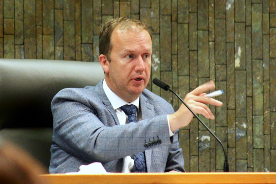 Mayor Paul Lefebvre is seen during the Sept. 26 city council meeting, at which he introduced an amendment to have city staff investigate the implications of both a new events centre build and a renewed/renovated Sudbury Community Arena project. A report is expected by the end of March 2024.