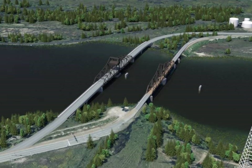 A rendering shows what the new bridge (left) will look like once it replaces the existing structure (right), which will eventually be removed.