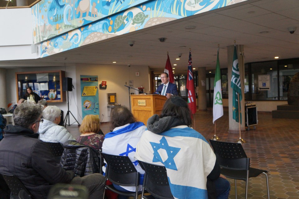 Greater Sudbury Mayor Paul Lefebvre speaks at a Vigil for Peace for Sudbury’s Jewish community on Oct 18. More than 60 community members came together in solidarity after the Hamas-led attacks on Israel and the resulting declaration of war from the State of Israel. 
