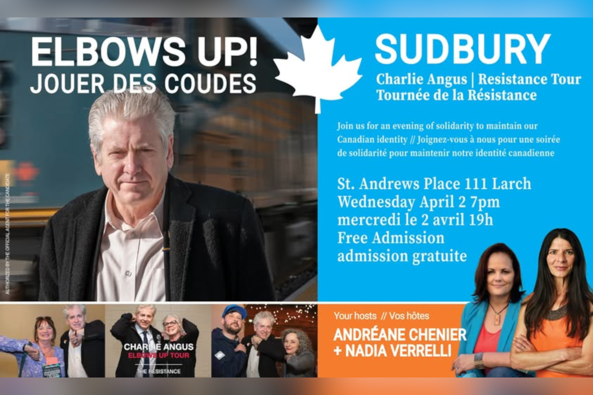 A poster for the April 2 Charlie Angus Elbows Up! Resistance Tour.