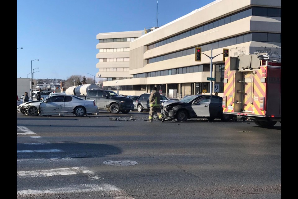 Greater Sudbury Police, Fire and EMS are on the scene of a multi-vehicle collision at the intersection of Paris Street and Brady Street. (Allana McDougall/Sudbury.com)
