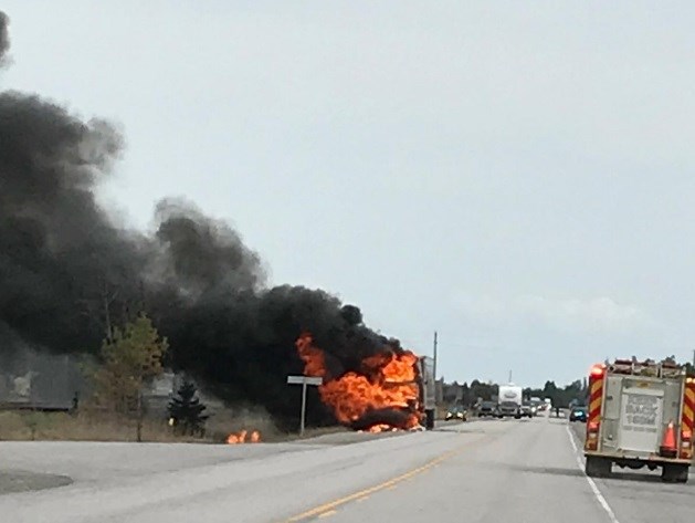 Ontario Provincial Police and emergency services vehicles responded to a tractor trailer fire on Highway 17 near Warren on May 9.