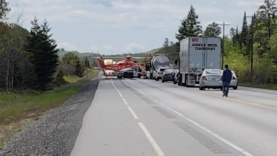 An Ornge helicopter is on scene at a crash involving an unknown number of vehicles that has closed a stretch of Highway 17 near Nairn Centre. (Supplied)
