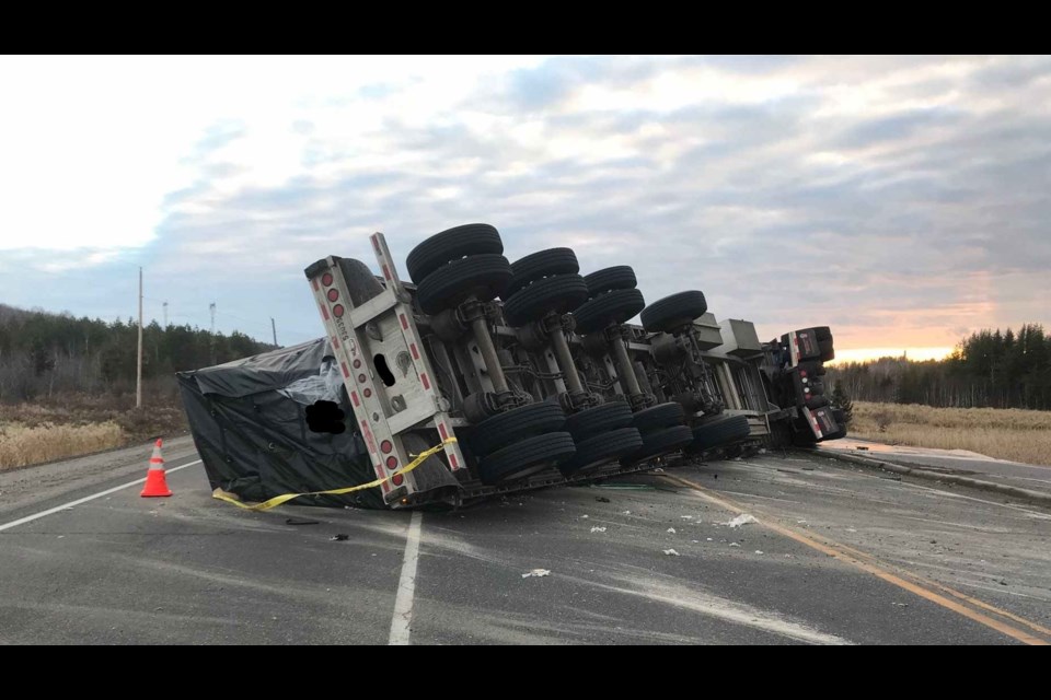 The Nipissing West OPP provided this photo of an overturned transport truck on Highway 17 in the Coniston area. (Supplied/@OPP_NER)