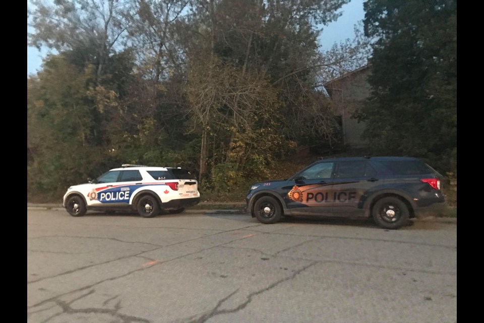 Unoccupied Greater Sudbury Police vehicles were parked outside of a fatal shooting site on Bruce Avenue Oct. 11. 