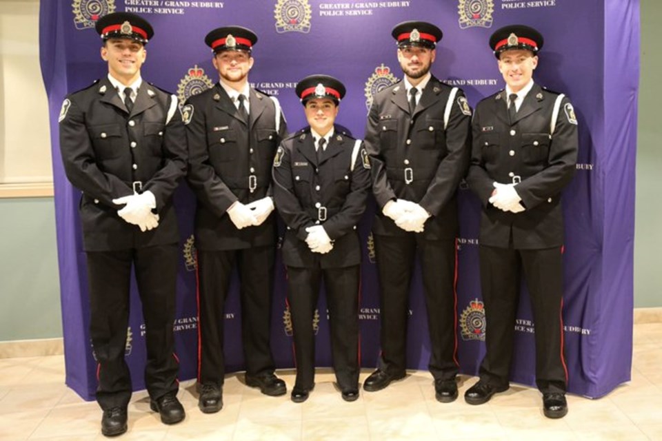 The latest Greater Sudbury Police Service members are seen after being sworn in at Wednesday’s police board meeting. From left is Alexander Mathias, Nicholas Rumford, Sabrina Stalteri, Pedro Almeida Reis and Christopher Doni.