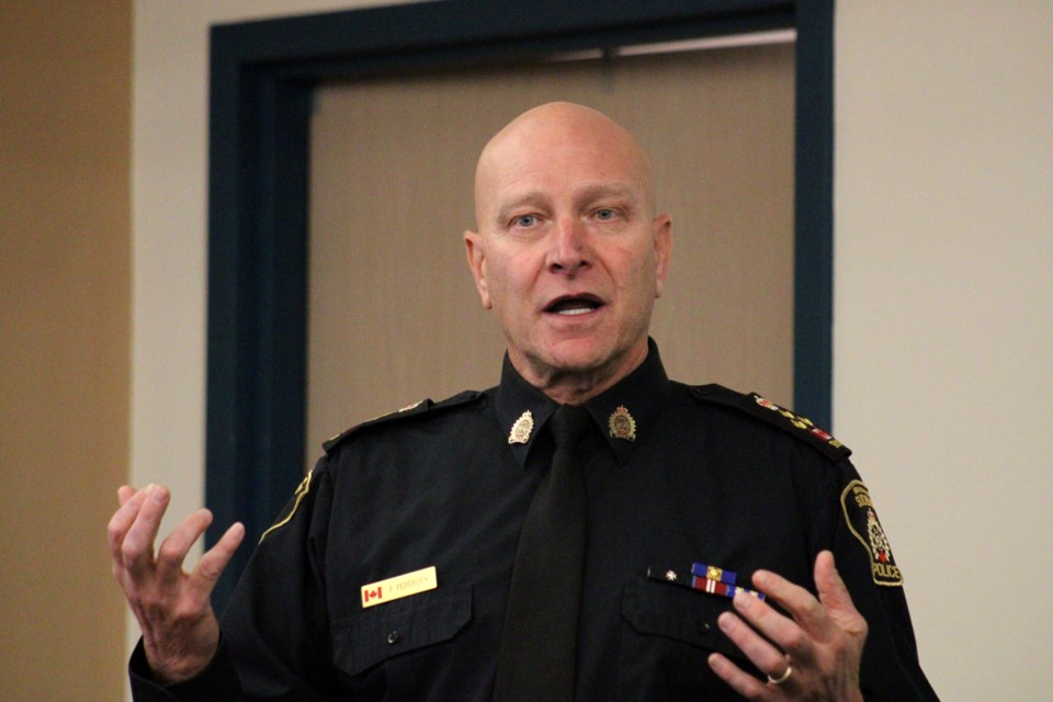 Greater Sudbury police Chief Paul Pedersen speaks during Thursday’s police board meeting, at which the service’s proposed 2023 budget was tabled.