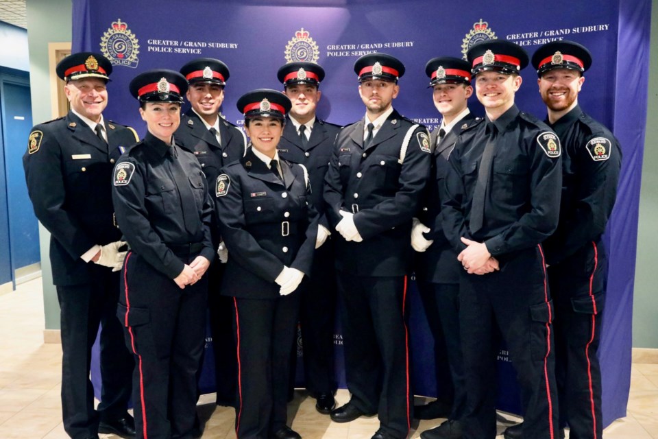 Greater Sudbury Police Service Chief Paul Pedersen is seen with the eight members sworn in during a ceremony at police headquarters on Wednesday. From left is Pedersen, Stephanie Sparks, Jeremiah Cooper, Kairene Alisappi, Alexandru Ivanov, Patrick Whalen, Darcy Godin, Michael Sparks, and Marc-Andre Vaillancourt. 
Supplied
