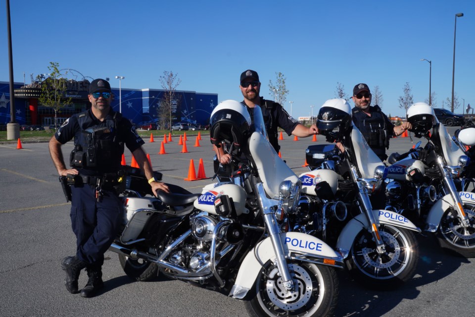                                From (left to right) Traffic Management Unit Cst. Jacques Roberge, Nick “Skippy” Jefkins and Dan Gosselin at the GSPS Police week motorcycle demonstration.