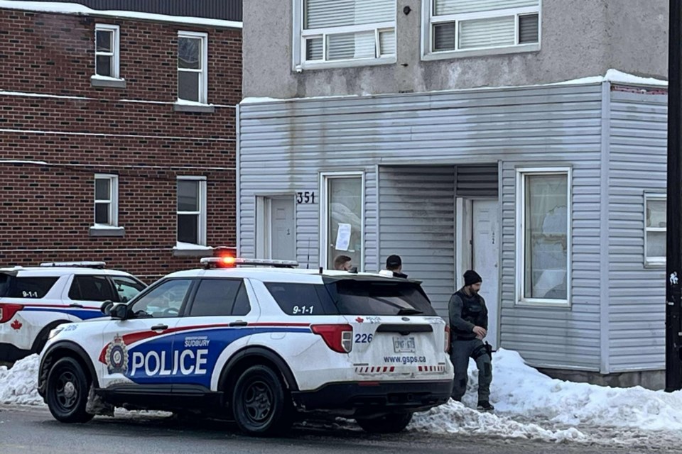 Photos of the Sudbury Police responding to an assault involving multiple people. At approximately 8 a.m.  police reported via X (formerly Twitter) a heavy police presence in the area of Elm Street, and officers had closed several intersections near Eyre Street and Regent Street.  (Photos published after police left scene.) 